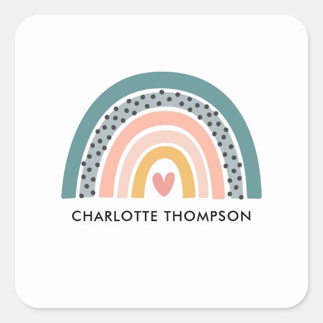 Cute Hand Drawn Boho Rainbow Personalized Square Sticker (Front)