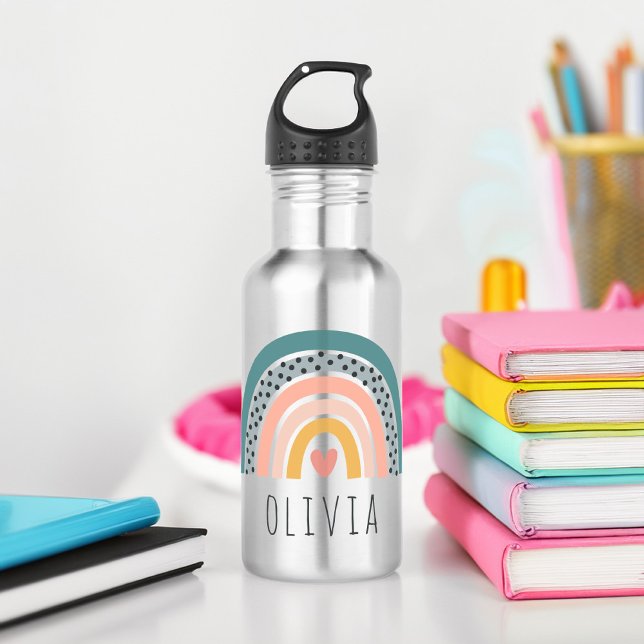 Cute Hand Drawn Boho Rainbow Personalized Stainless Steel Water Bottle (Creator Uploaded)