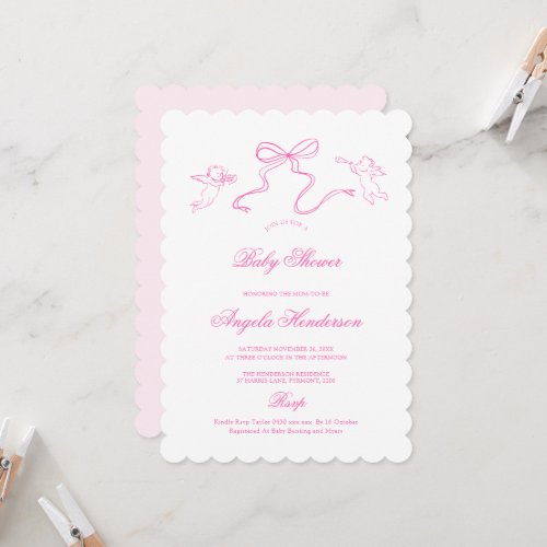 Cute Hand drawn Bow Pink Baby Shower Invitation