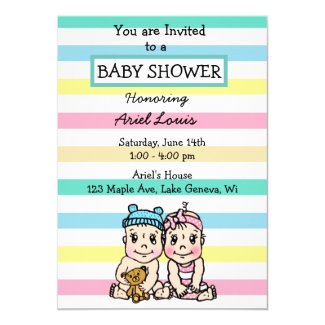 Cute Hand drawn Boy and Girl Twins Baby Shower Invitation