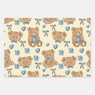 Cute Hand-drawn Brown Teddy Bears Seamless Pattern Wrapping Paper Sheets