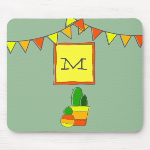 Cute Hand_Drawn Cactus Monogram Festive Fiesta Mouse Pad