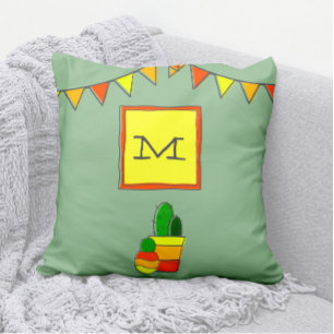 Cute Hand-Drawn Cactus + Monogram Festive Fiesta Throw Pillow