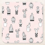Cute Hand Drawn Cactus Pattern Square Paper Coaster