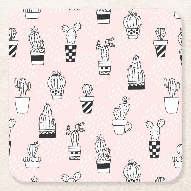 Cute Hand Drawn Cactus Pattern Square Paper Coaster (Front)