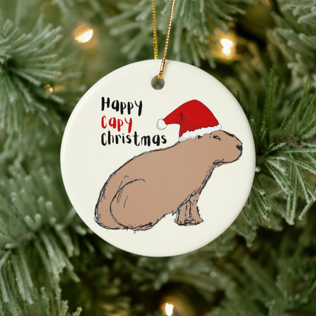 Cute Hand-Drawn Capybara Personalized Christmas Ceramic Ornament (Tree)