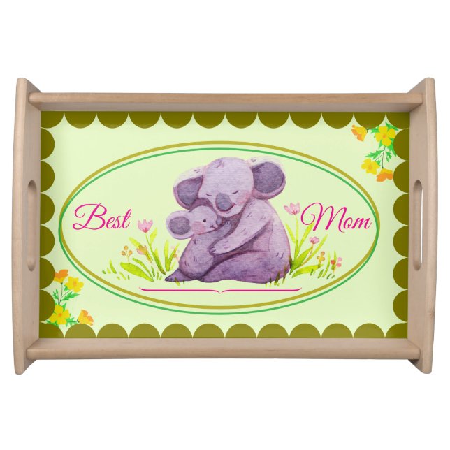 Cute Hand Drawn Cartoon Mother Koala & Baby Green  Serving Tray (Front)
