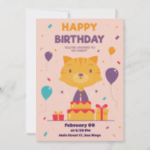 Cute hand drawn cat Birthday invitation card