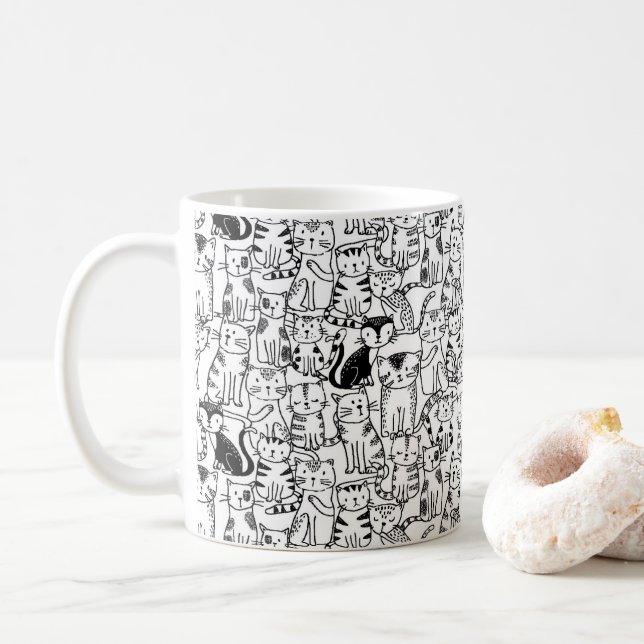 Cute hand drawn cat design in black and white coffee mug (With Donut)