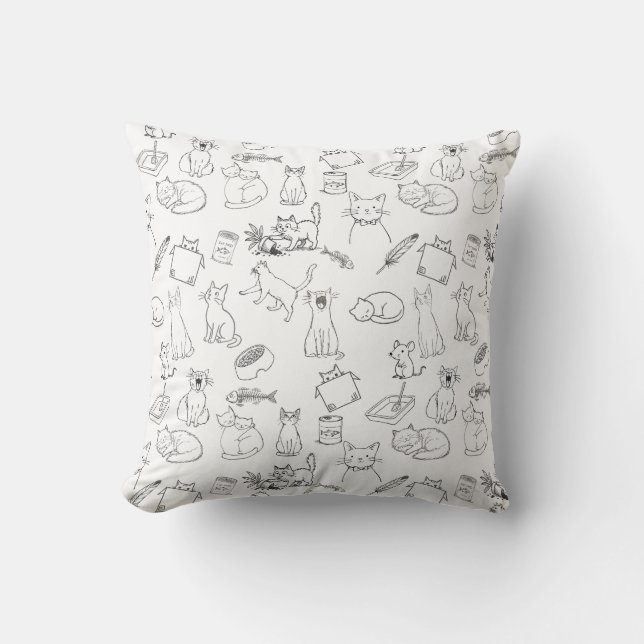 Cute Hand-Drawn Cat Doodles Throw Pillow (Front)