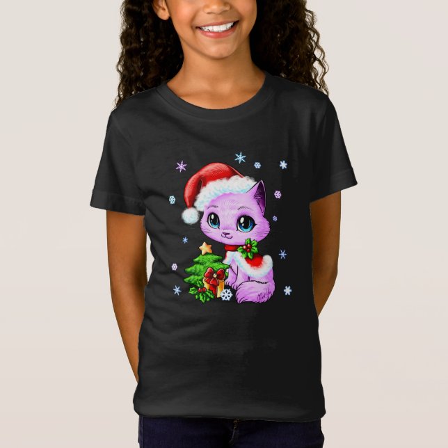 Cute Hand Drawn Christmas Cat Girl's Football Tee (Front)