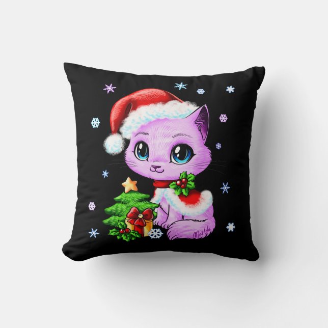 Cute Hand Drawn Christmas Cat Pillow by Mei Yu (Front)