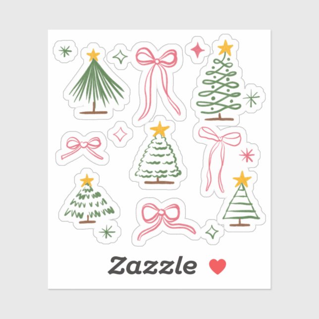Cute Hand Drawn Christmas Trees and Bows Pattern Sticker (Sheet)
