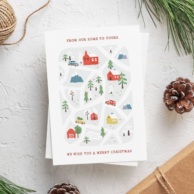 Cute Hand-Drawn Christmas Village Greeting Holiday Card (Cute hand-drawn Christmas village greeting card with message, "from our home to yours".)