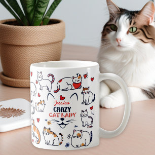 Cute hand-drawn colorful crazy cat lady coffee mug