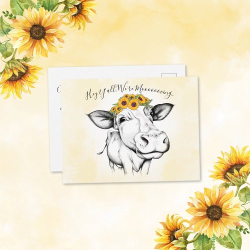 Cute Hand Drawn Cow Sunflower Moving Announcement Postcard