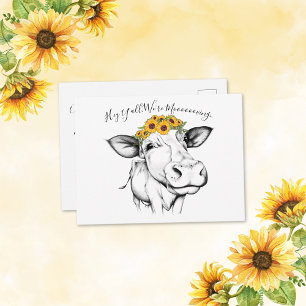 Cute Hand Drawn Cow Sunflower Moving Announcement Postcard