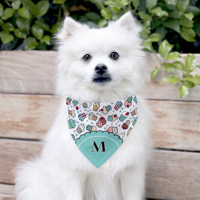 Cute Hand Drawn Cupcake Pattern Add Initial Pet Bandana Collar (Dog)