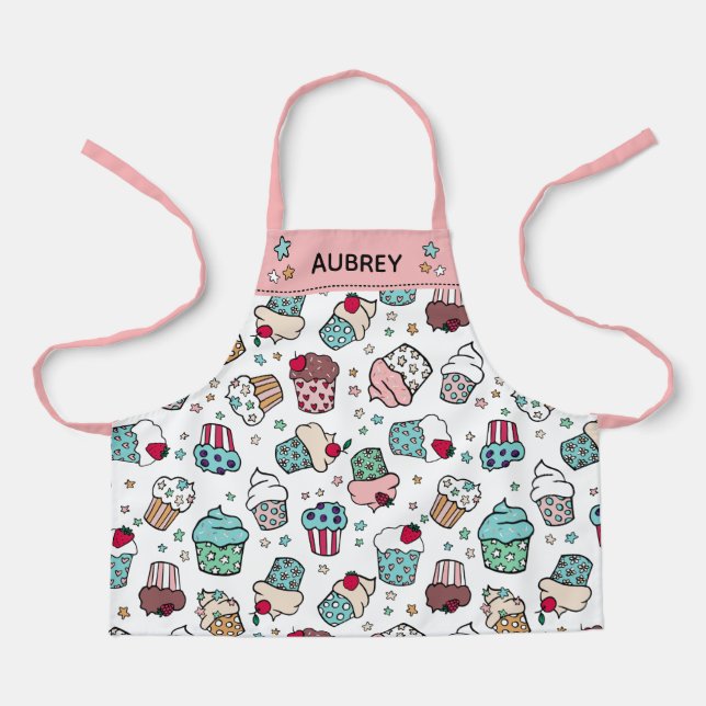Cute Hand Drawn Cupcake Pattern Add Name Apron (Front)