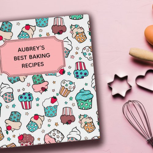 Cute Hand Drawn Cupcake Pattern Dessert Recipes 3 Ring Binder