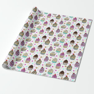 Cute Hand Drawn Cupcakes Whimsical Birthday Wrapping Paper
