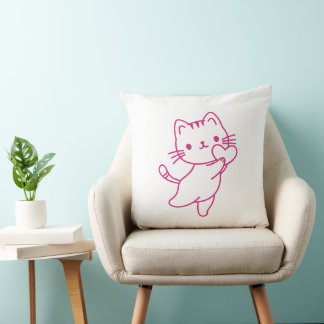 Cute Hand Drawn Design of a Cat Holding a Heart Throw Pillow