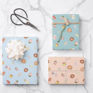 Cute Hand-Drawn Desserts Pastel Blue Orange Green Wrapping Paper Sheets