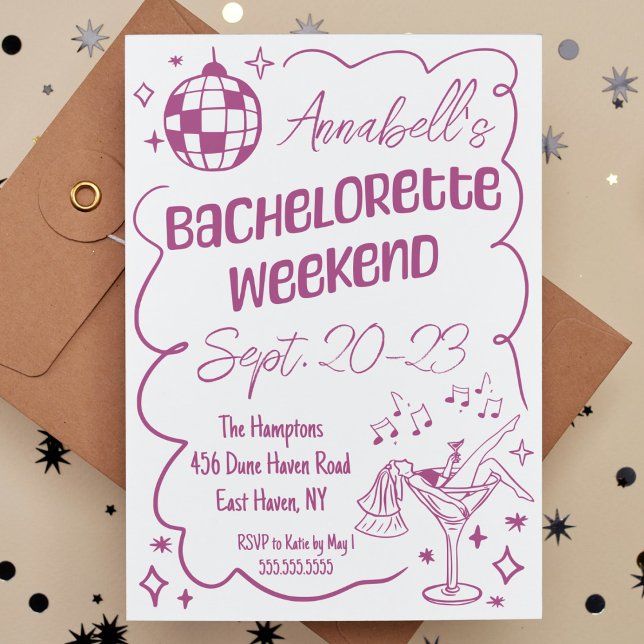 Cute Hand Drawn Disco Bachelorette Party Weekend Invitation (purple bachelorette party weekend invitation hand drawn disco cocktail modern weekend itinerary cute)