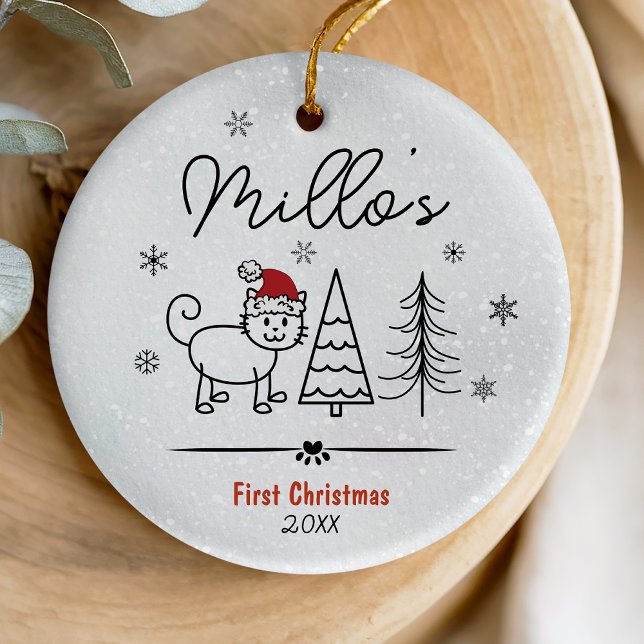 Cute hand drawn doodle cat first Christmas tree Ceramic Ornament (Creator Uploaded)