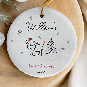 Cute hand drawn doodle dog first Christmas tree Ceramic Ornament