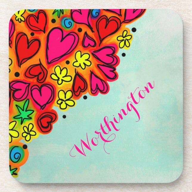 Cute Hand Drawn Doodle Hearts and Flowers Beverage Coaster (Front)