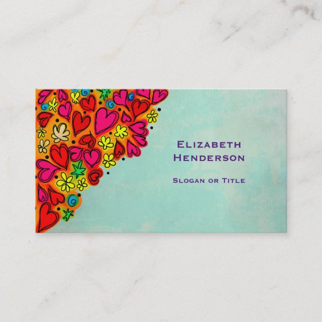 Cute Hand Drawn Doodle Hearts and Flowers Business Card (Front)