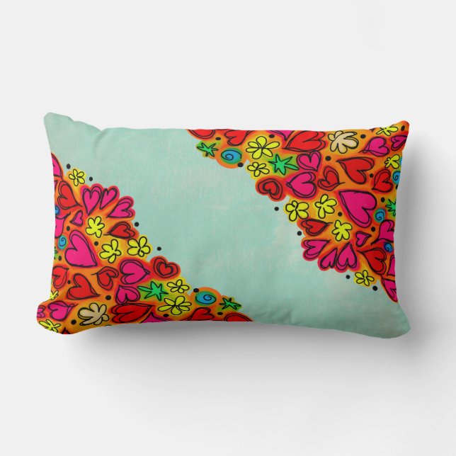 Cute Hand Drawn Doodle Hearts and Flowers Lumbar Pillow (Front)