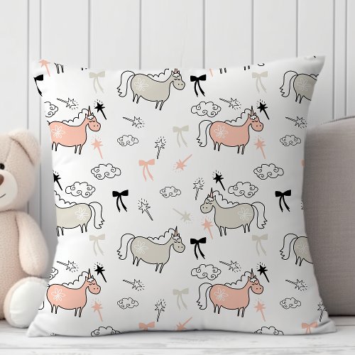 Cute Hand Drawn Doodle Unicorn Kids Pattern Throw Pillow