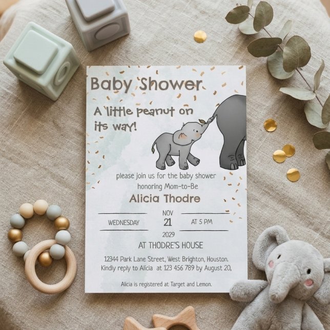 Cute Hand Drawn Elephant Little Peanut Baby Shower Invitation (Creator Uploaded)