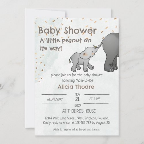 Cute Hand Drawn Elephant Little Peanut Baby Shower Invitation