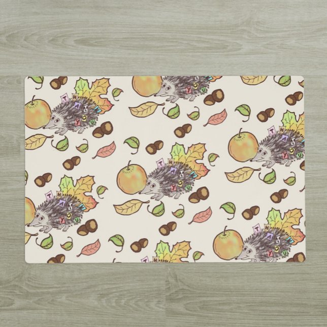 Cute hand drawn fall hedgehog saying Thank you Placemat (Cute hedgehog with colorful fall leaves thank you mat)