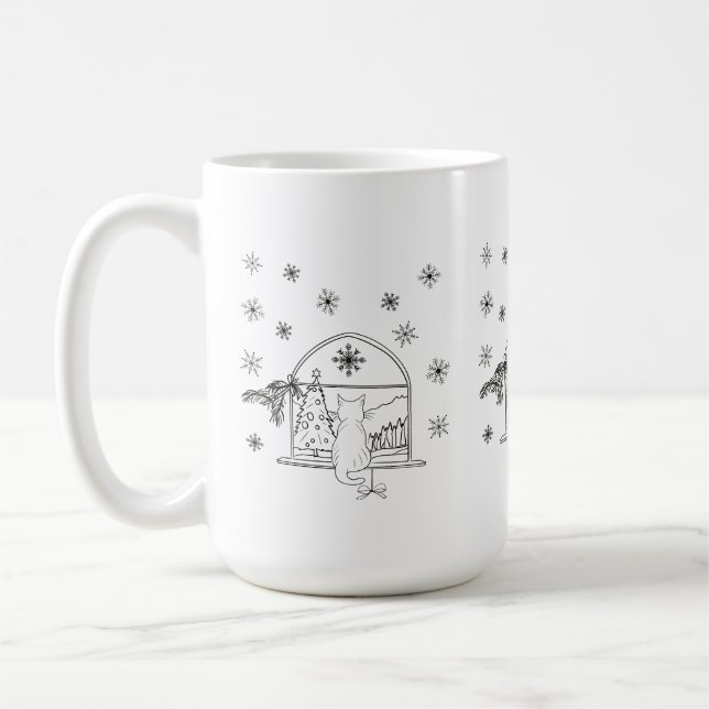 Cute hand drawn festive Christmas Holiday Cat Coffee Mug (Left)