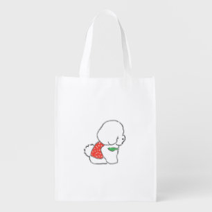 Cute Hand Drawn Fluffy White Puppy in Red Polka Do Grocery Bag