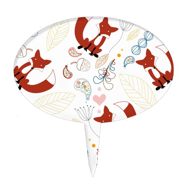 Cute Hand Drawn Fox Hearts in Yellow Blue Pink Cake Topper (Front)