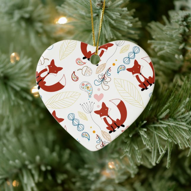 Cute Hand Drawn Fox Hearts in Yellow Blue Pink Ceramic Ornament (Tree)