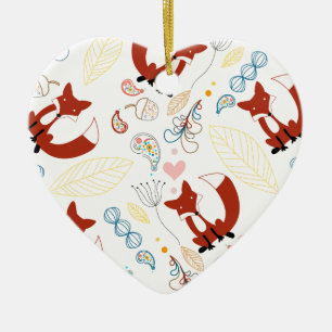 Cute Hand Drawn Fox Hearts in Yellow Blue Pink Ceramic Ornament
