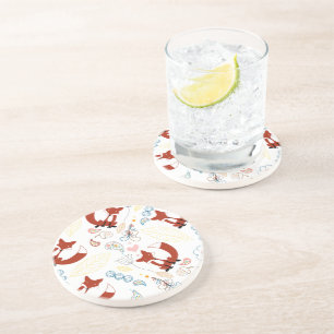Cute Hand Drawn Fox Hearts in Yellow Blue Pink Coaster