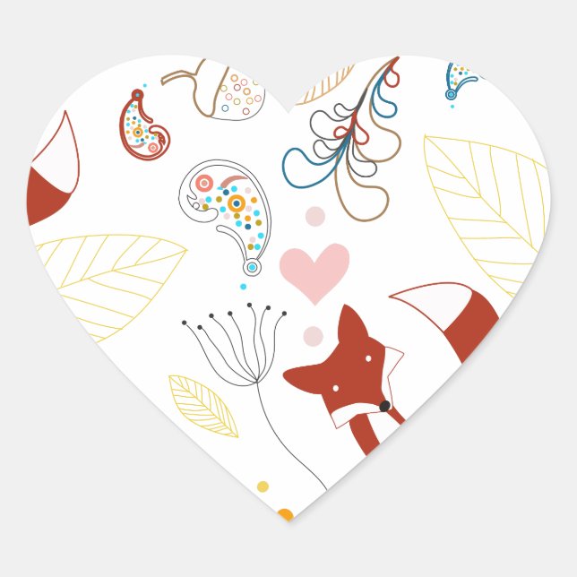 Cute Hand Drawn Fox Hearts in Yellow Blue Pink Heart Sticker (Front)