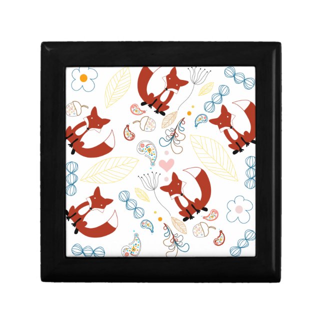 Cute Hand Drawn Fox Hearts in Yellow Blue Pink Keepsake Box (Front)