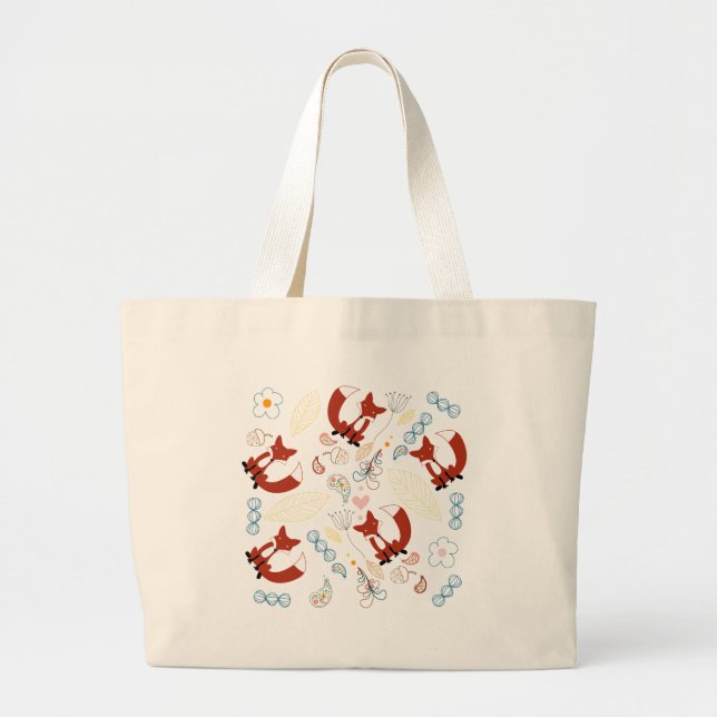 Cute Hand Drawn Fox Hearts in Yellow Blue Pink Large Tote Bag (Front)