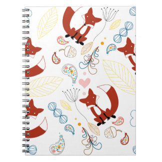 Cute Hand Drawn Fox Hearts in Yellow Blue Pink Notebook