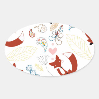 Cute Hand Drawn Fox Hearts in Yellow Blue Pink Oval Sticker