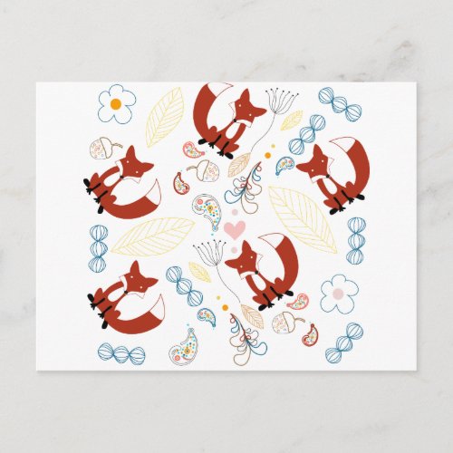 Cute Hand Drawn Fox Hearts in Yellow Blue Pink Postcard