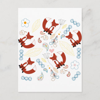 Cute Hand Drawn Fox Hearts in Yellow Blue Pink Postcard